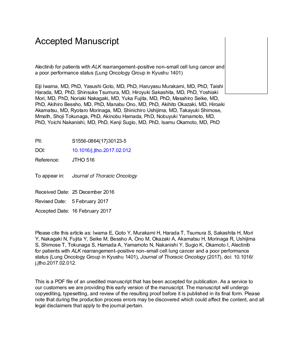 Alectinib for Patients with ALK Rearrangement-Positive Non-Small Cell Lung Cancer and a Poor Performance Status (Lung Oncology Group in KyushuÂ 1401)