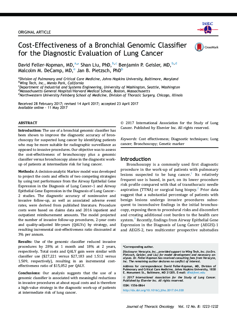 هزینه-اثربخشی طبقه بندی ژنوم برونشی برای ارزیابی تشخیصی سرطان ریه 