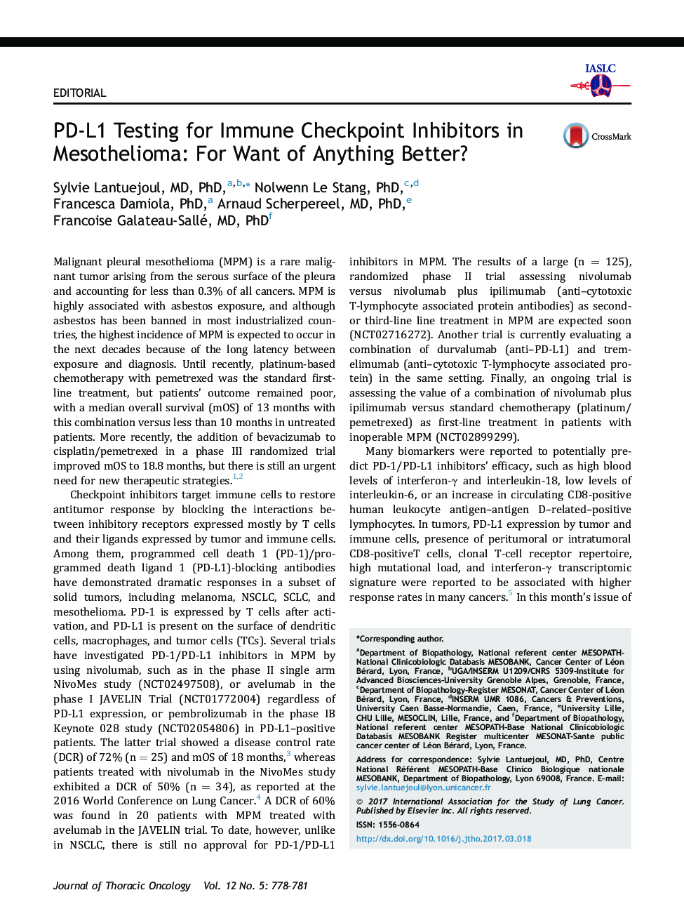 PD-L1 Testing for Immune Checkpoint Inhibitors in Mesothelioma: For Want of Anything Better?