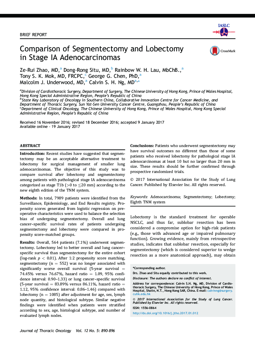 Comparison of Segmentectomy and Lobectomy inÂ Stage IA Adenocarcinomas