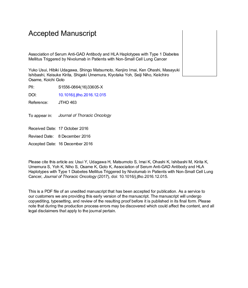 Association of Serum Anti-GAD Antibody and HLA Haplotypes with Type 1 Diabetes Mellitus Triggered byÂ Nivolumab in Patients with Non-Small Cell LungÂ Cancer