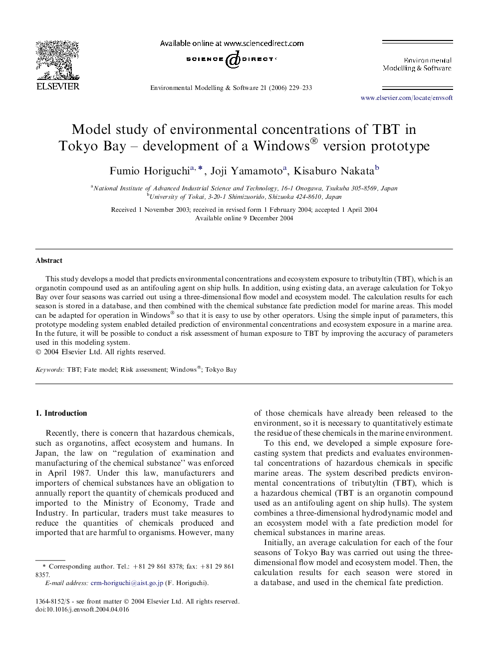 Model study of environmental concentrations of TBT in Tokyo Bay – development of a Windows® version prototype