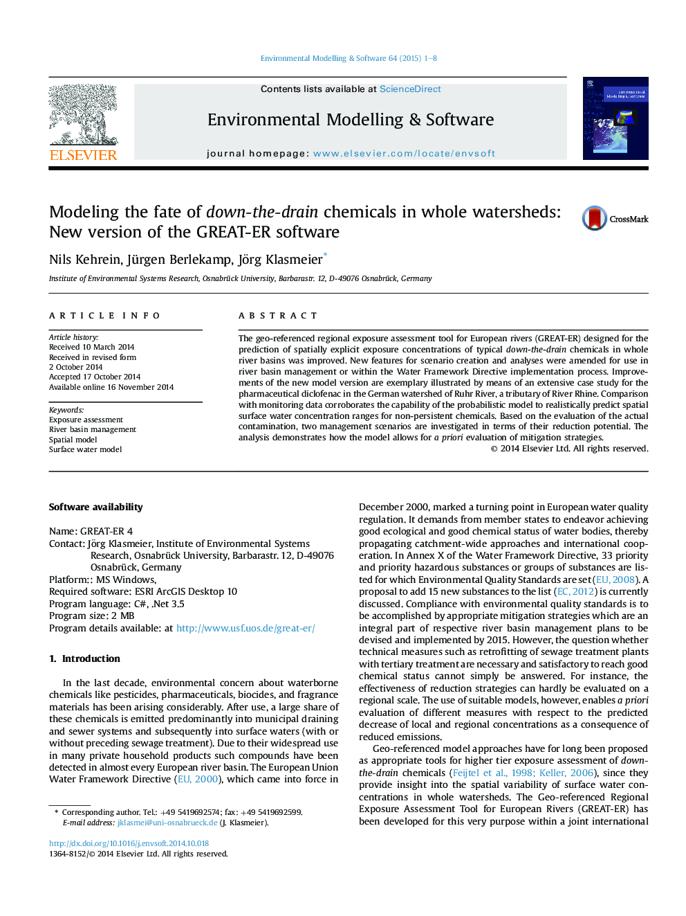 Modeling the fate of down-the-drain chemicals in whole watersheds: New version of the GREAT-ER software