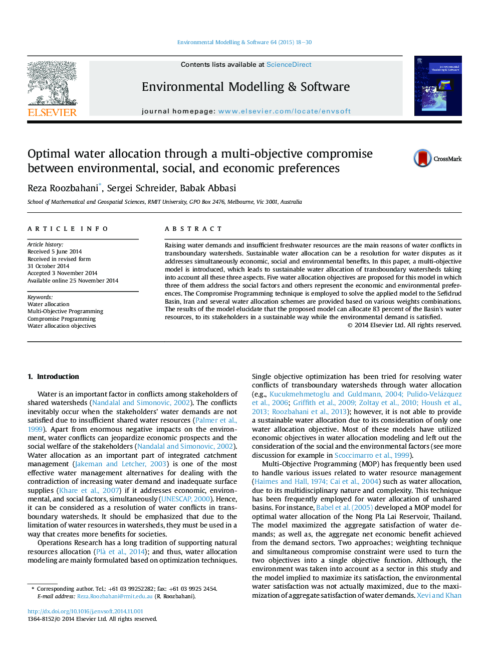 Optimal water allocation through a multi-objective compromise between environmental, social, and economic preferences