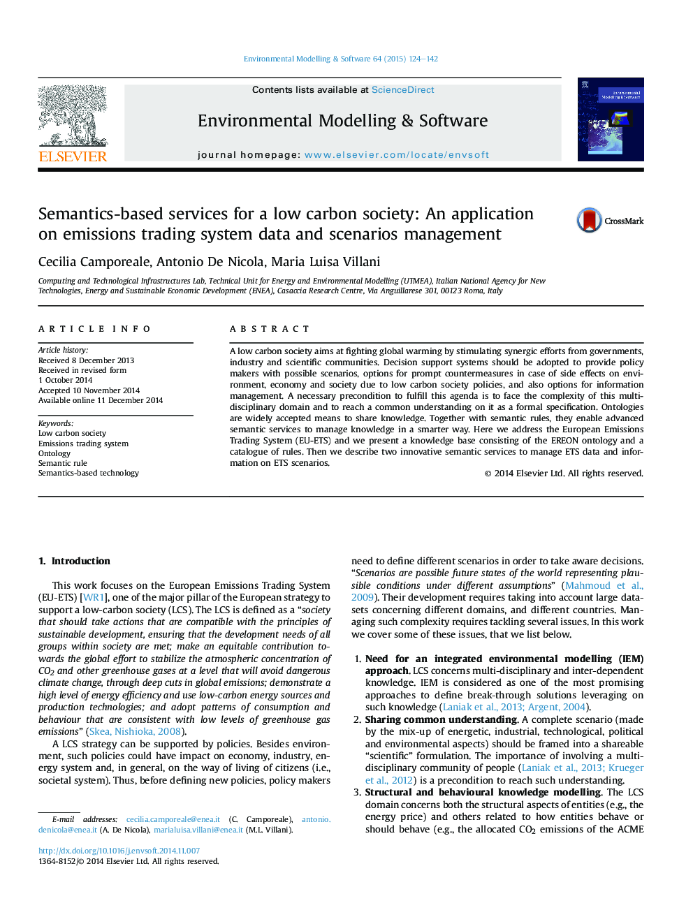 Semantics-based services for a low carbon society: An application on emissions trading system data and scenarios management