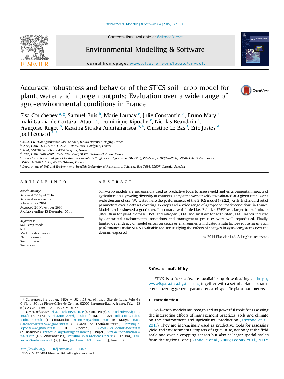 Accuracy, robustness and behavior of the STICS soil–crop model for plant, water and nitrogen outputs: Evaluation over a wide range of agro-environmental conditions in France