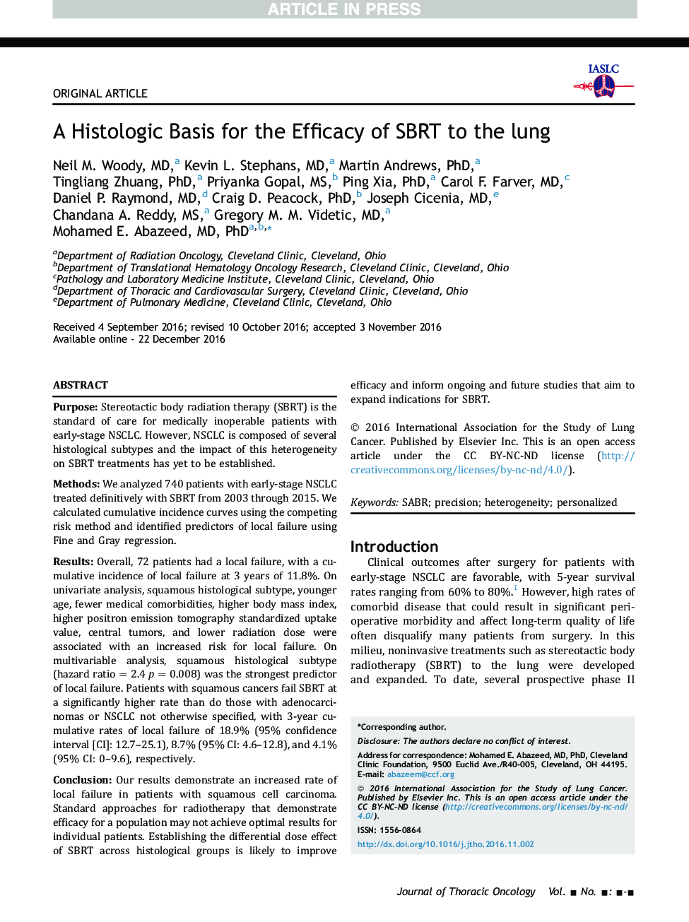 A Histologic Basis for the Efficacy of SBRT to the lung