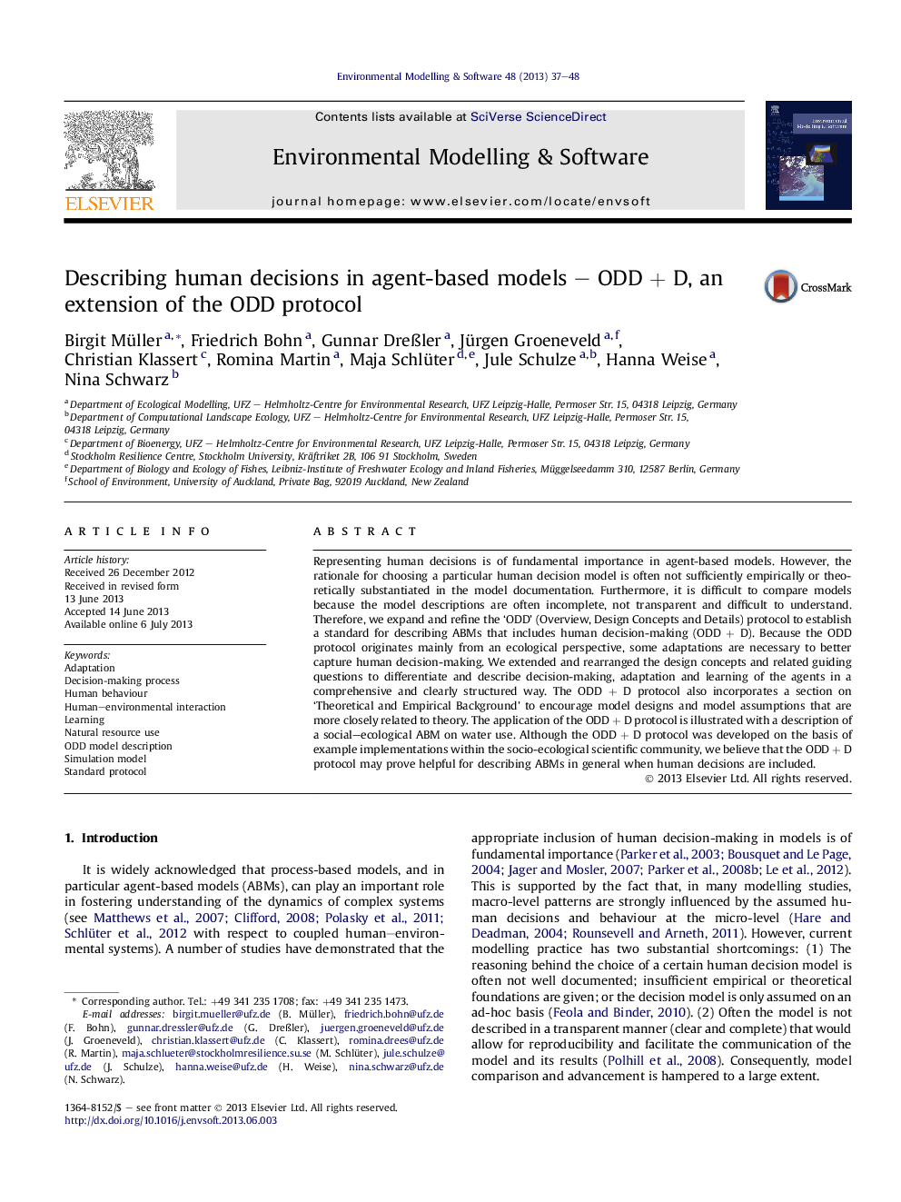 Describing human decisions in agent-based models – ODD + D, an extension of the ODD protocol