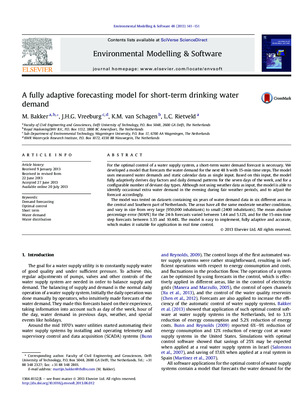 A fully adaptive forecasting model for short-term drinking water demand