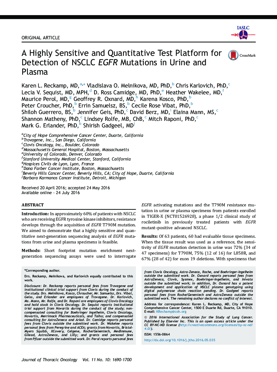 A Highly Sensitive and Quantitative Test Platform for Detection of NSCLC EGFR Mutations in Urine and Plasma