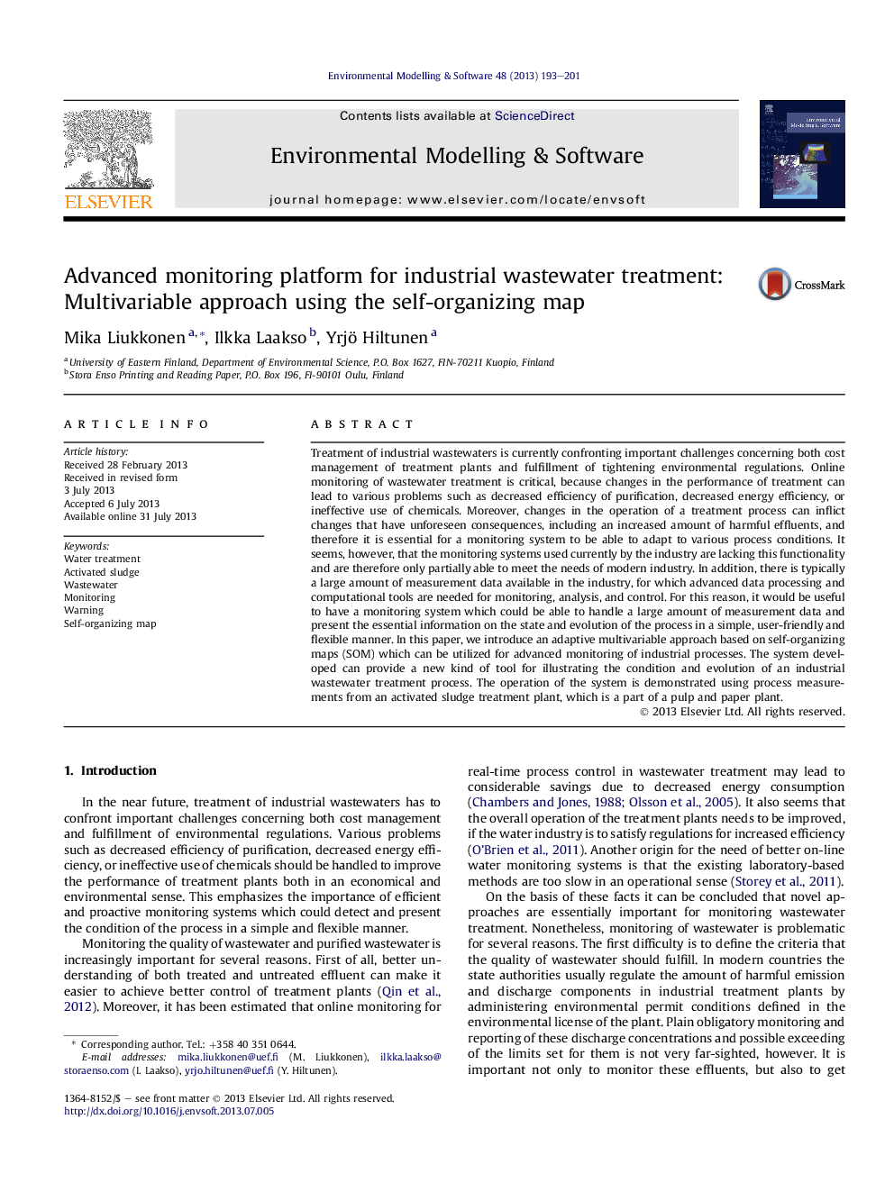 Advanced monitoring platform for industrial wastewater treatment: Multivariable approach using the self-organizing map