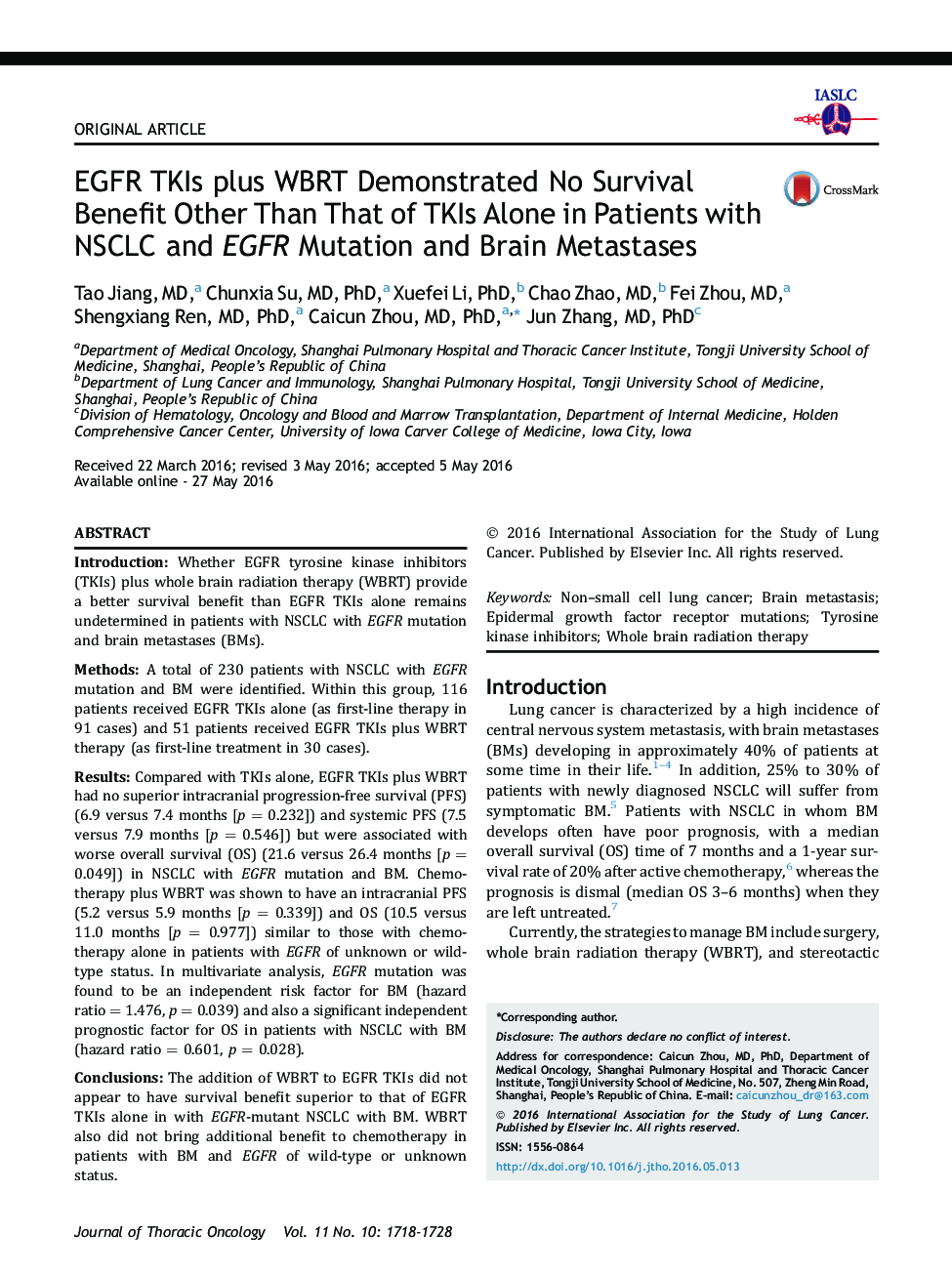 EGFR TKIs plus WBRT Demonstrated No Survival Benefit Other Than That of TKIs Alone in Patients with NSCLC and EGFR Mutation and Brain Metastases