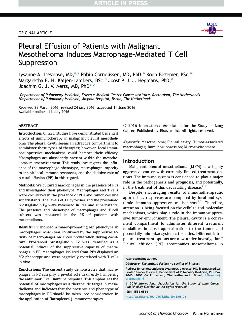 Pleural Effusion of Patients with Malignant Mesothelioma Induces Macrophage-Mediated T Cell Suppression