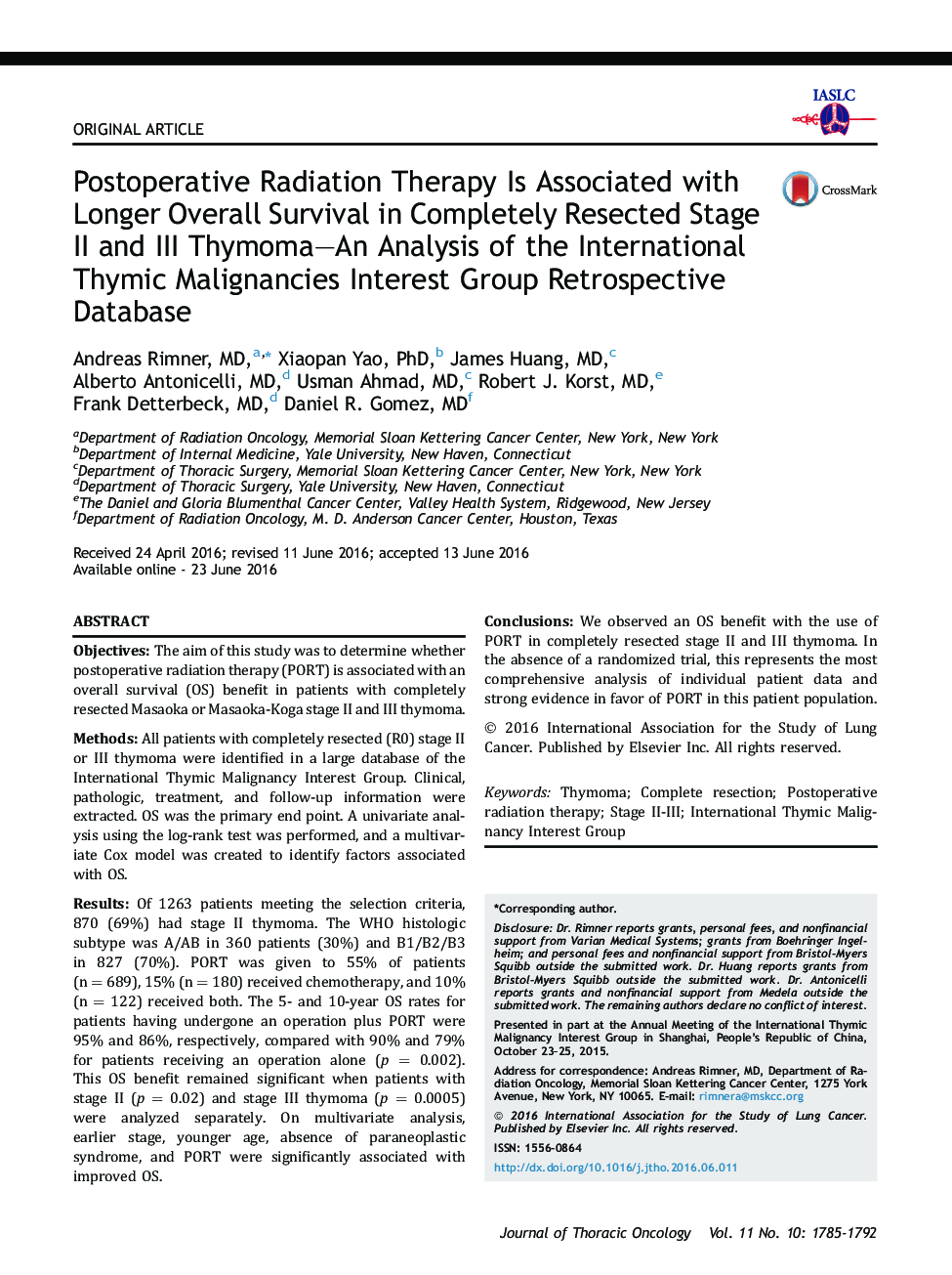 Postoperative Radiation Therapy Is Associated with Longer Overall Survival in Completely Resected Stage II and III Thymoma-An Analysis of the International Thymic Malignancies Interest Group Retrospective Database