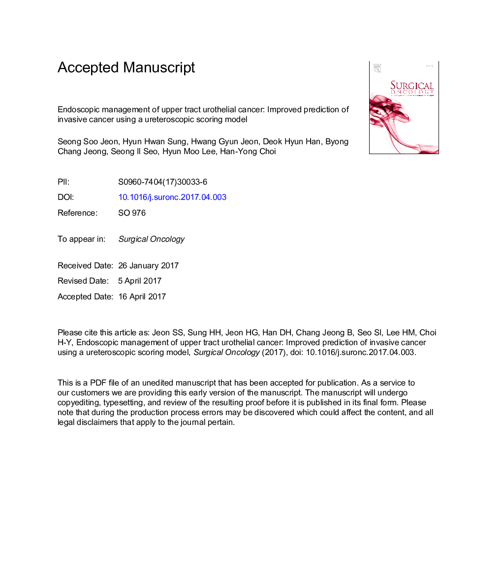 Endoscopic management of upper tract urothelial carcinoma: Improved prediction of invasive cancer using a ureteroscopic scoring model