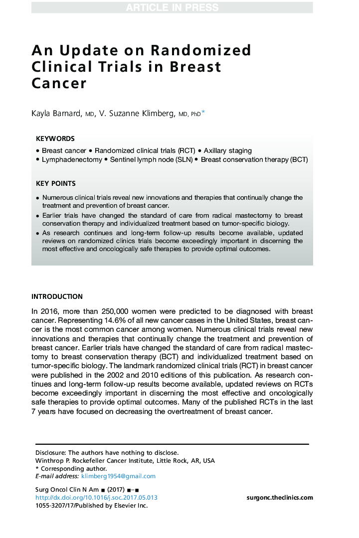 An Update on Randomized Clinical Trials in Breast Cancer