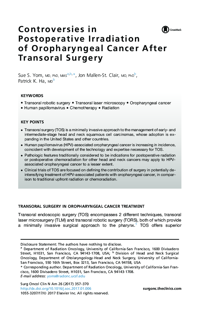 Controversies in Postoperative Irradiation of Oropharyngeal Cancer After Transoral Surgery