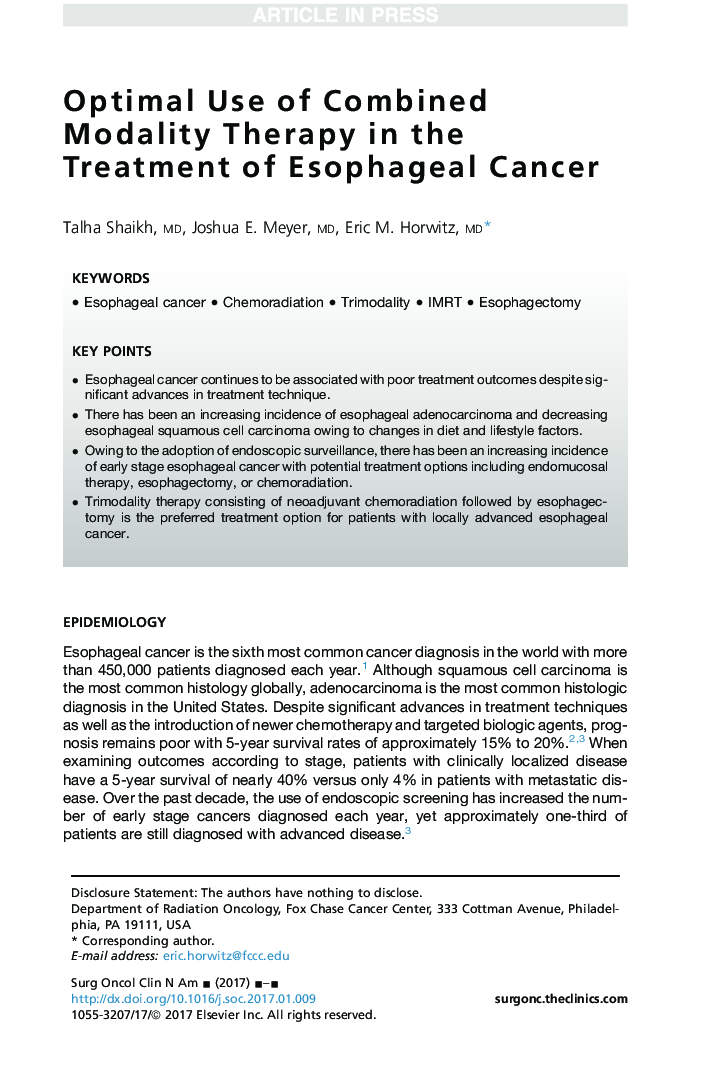 Optimal Use of Combined Modality Therapy in the Treatment of Esophageal Cancer