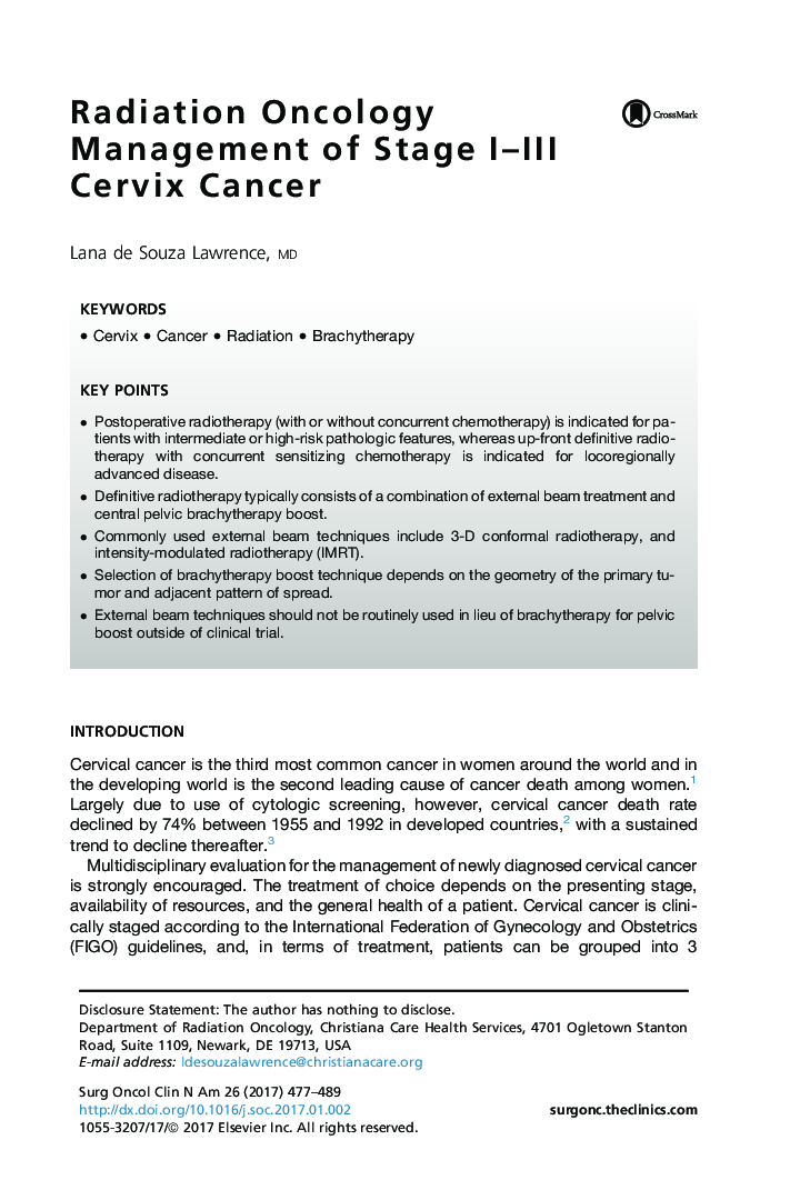 Radiation Oncology Management of Stage I-III Cervix Cancer