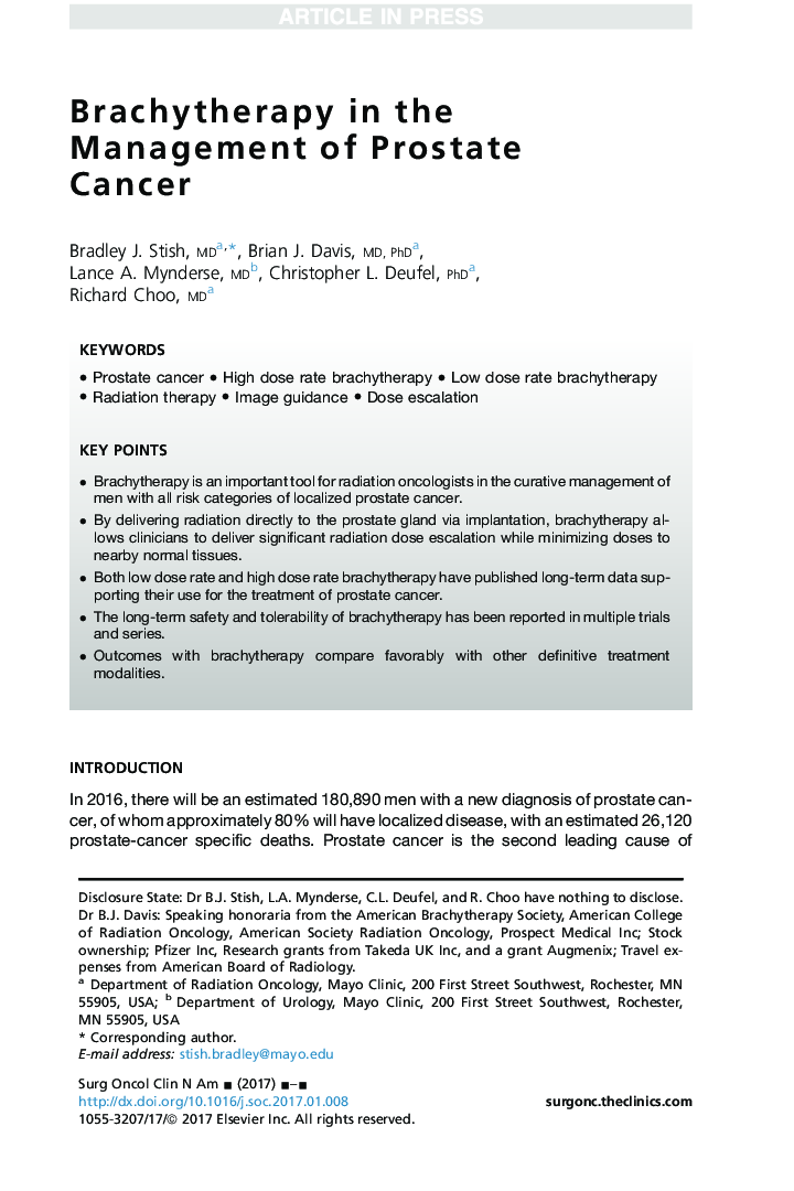 Brachytherapy in the Management of Prostate Cancer