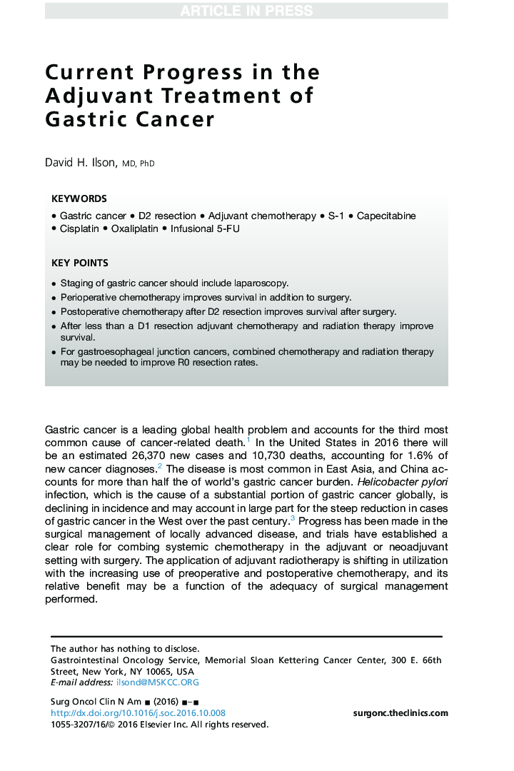 Current Progress in the Adjuvant Treatment of Gastric Cancer