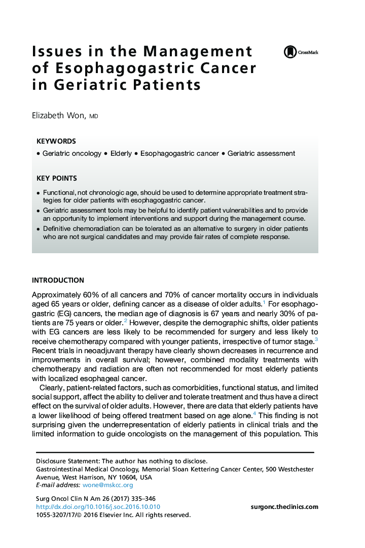 Issues in the Management of Esophagogastric Cancer in Geriatric Patients