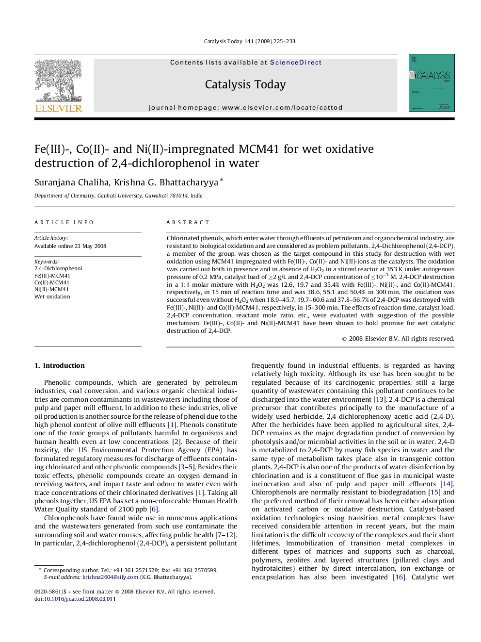 Fe(III)-, Co(II)- and Ni(II)-impregnated MCM41 for wet oxidative destruction of 2,4-dichlorophenol in water