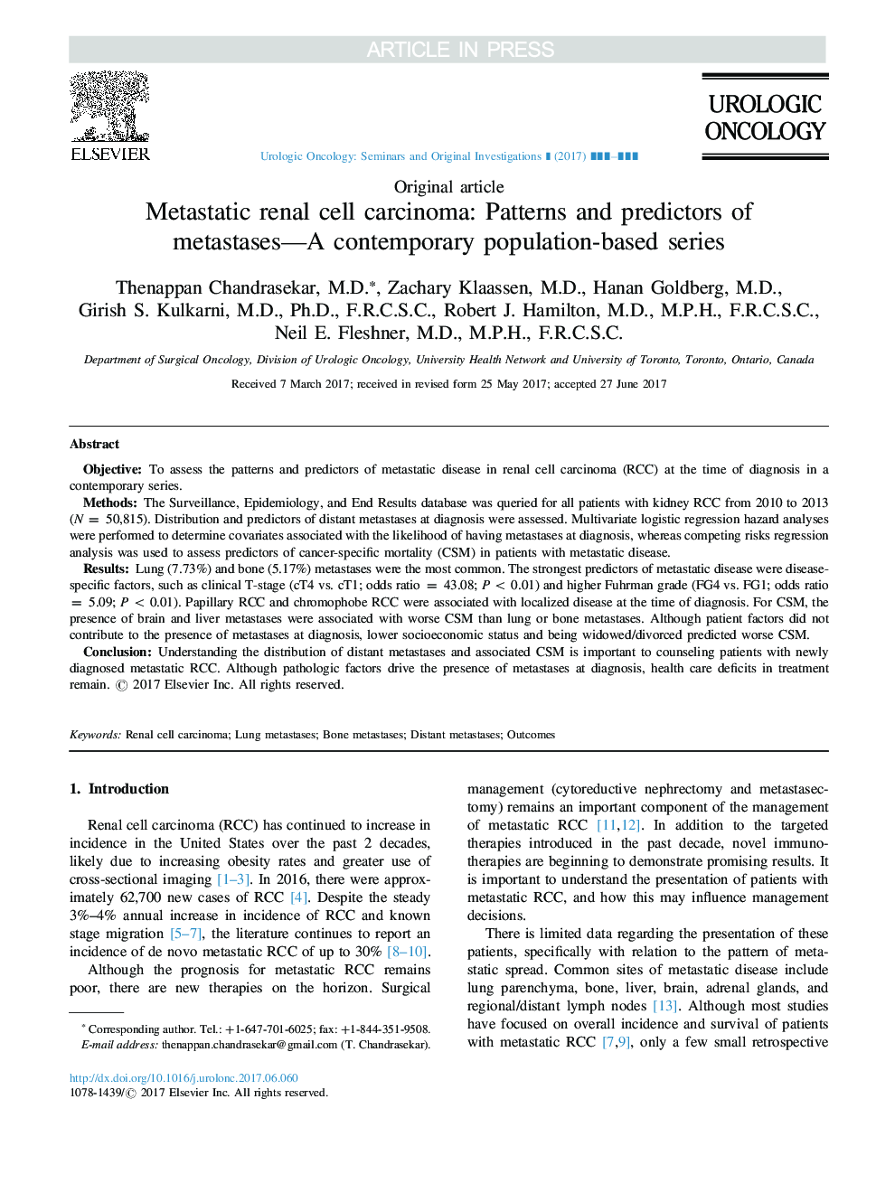 کارسینوم سلول های کلیه متاستاتیک: الگوهای و پیش بینی کننده های متاستاز - مجموعه های مبتنی بر جمعیت معاصر 
