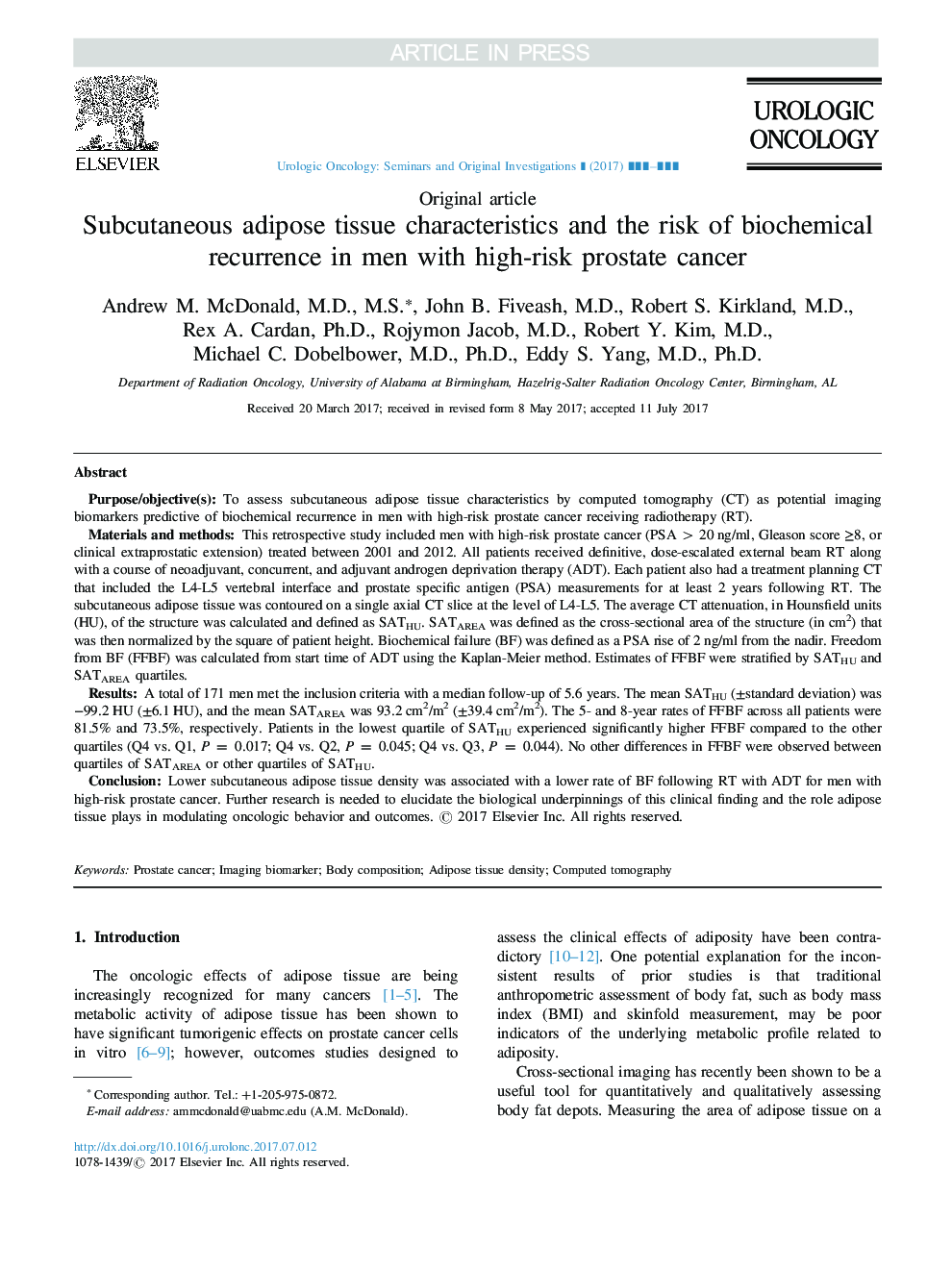 Subcutaneous adipose tissue characteristics and the risk of biochemical recurrence in men with high-risk prostate cancer