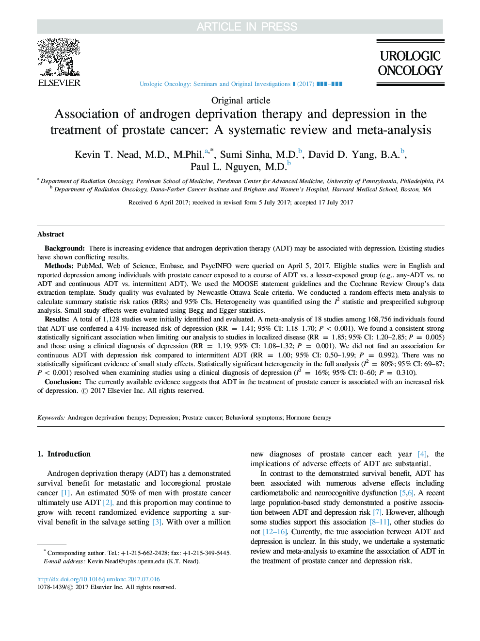 Association of androgen deprivation therapy and depression in the treatment of prostate cancer: A systematic review and meta-analysis