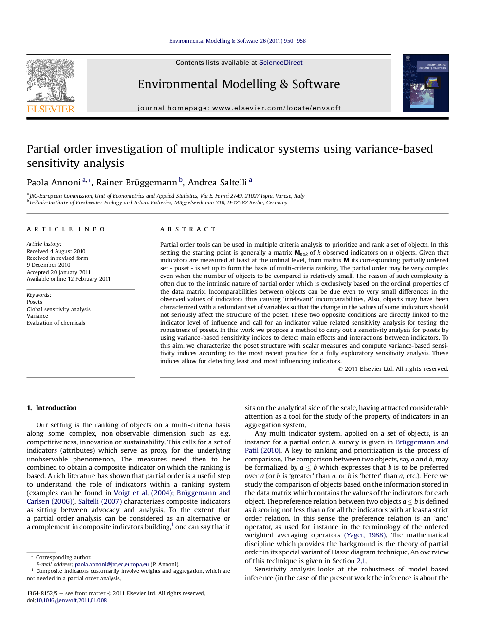 عکس صفحه اول مقاله: Partial order investigation of multiple indicator systems using variance-based sensitivity analysis Partial order investigation of multiple indicator systems using variance-based sensitivity analysis