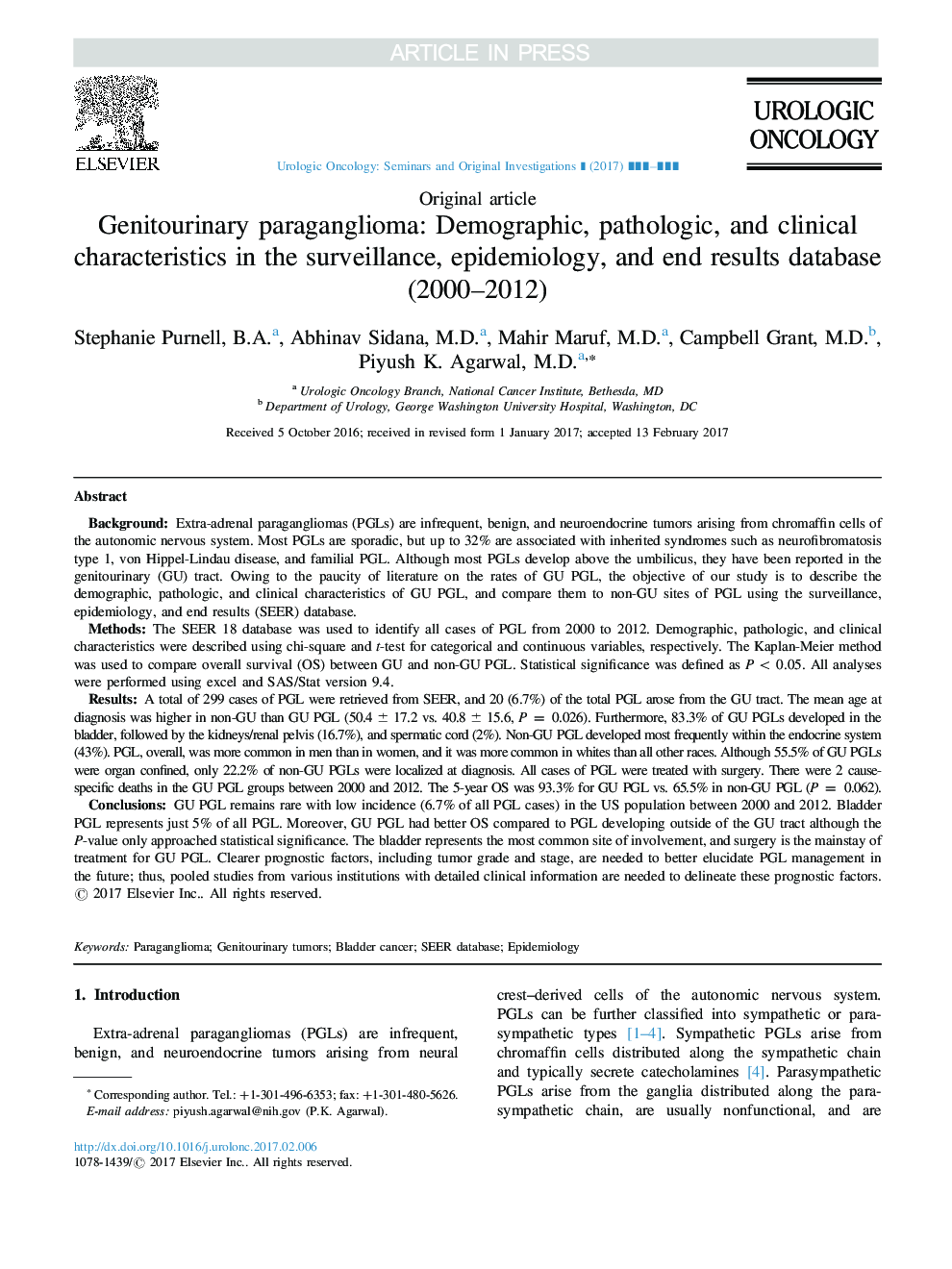 پاراژنگلیوم تناسلی: مشخصات دموگرافیک، پاتولوژیک و بالینی در پایگاه مراقبت های بهداشتی، اپیدمیولوژی، و پایان (2000-2012) 