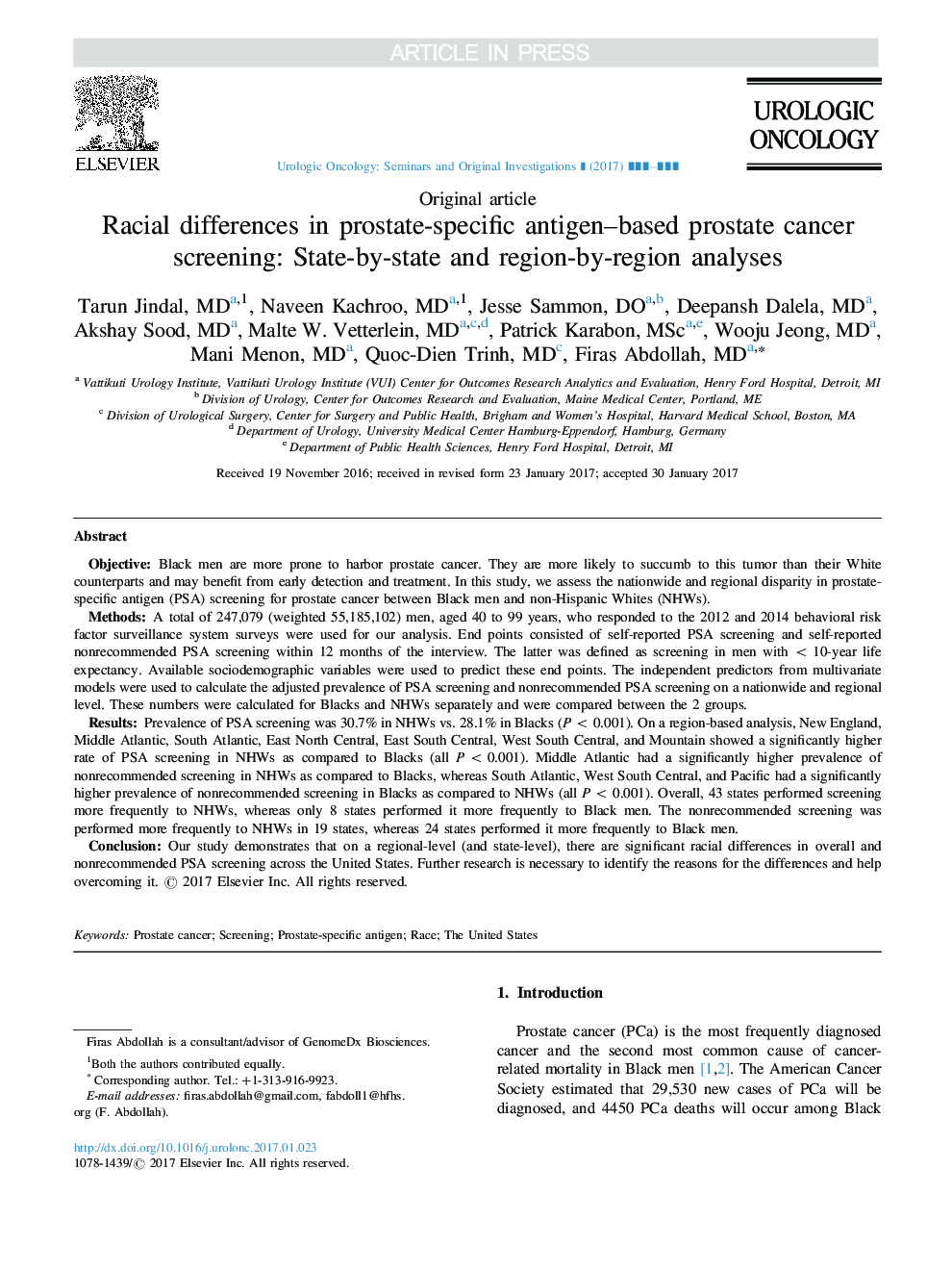 Racial differences in prostate-specific antigen-based prostate cancer screening: State-by-state and region-by-region analyses