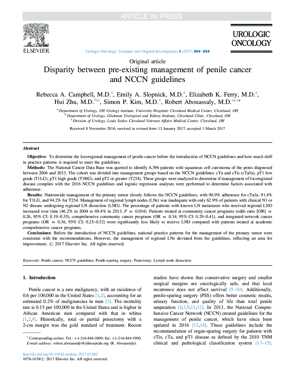 Disparity between pre-existing management of penile cancer and NCCN guidelines