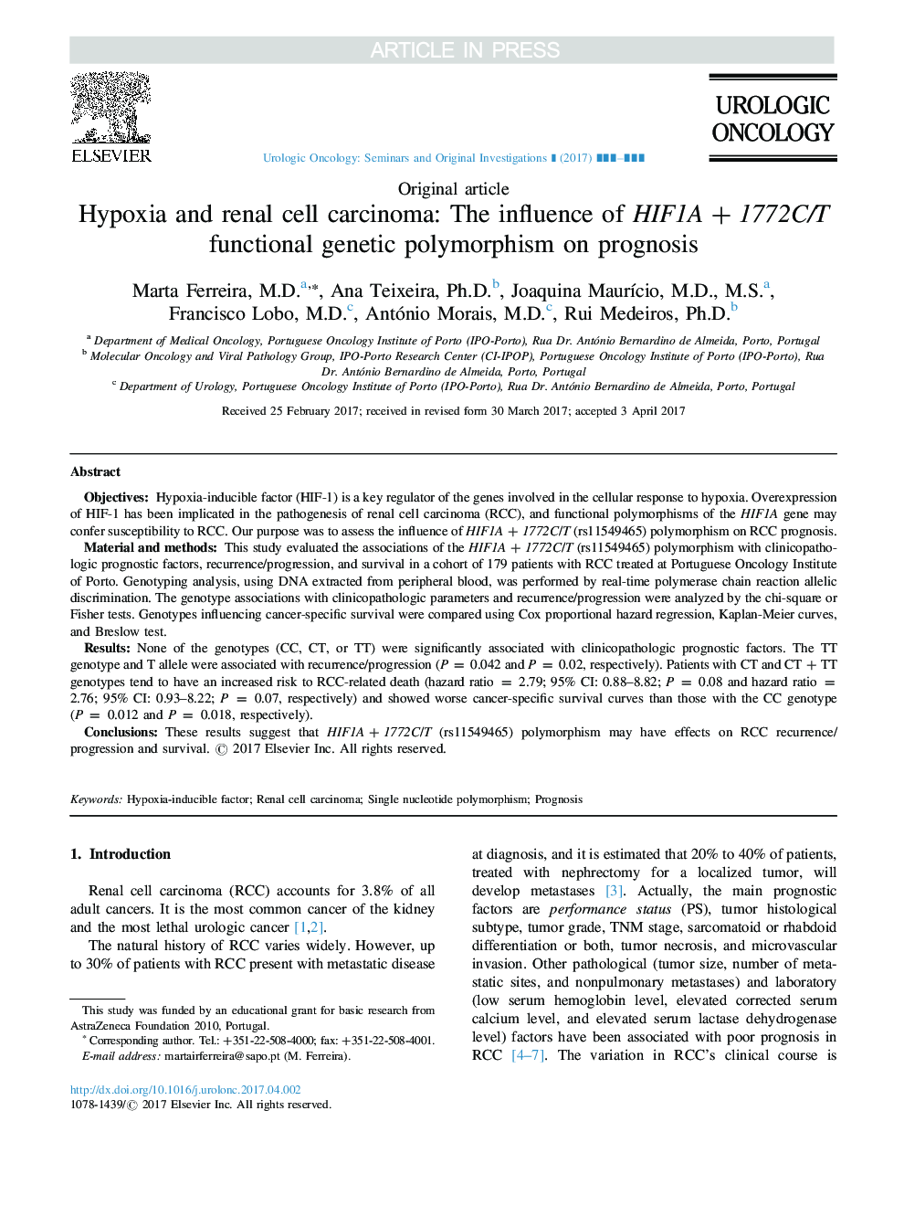 Hypoxia and renal cell carcinoma: The influence of HIF1A+1772C/T functional genetic polymorphism on prognosis