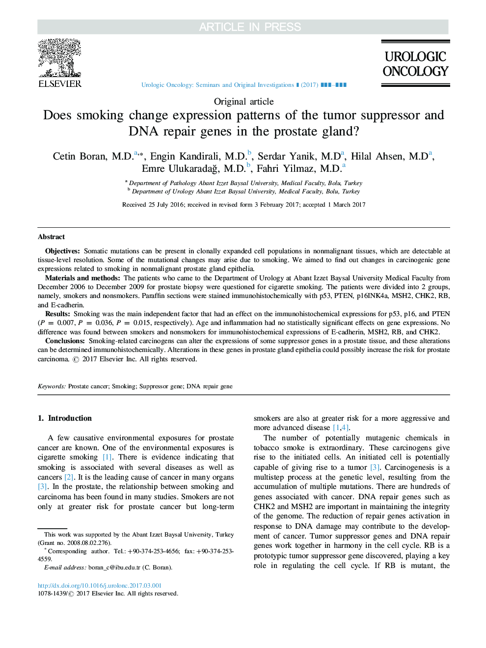 Does smoking change expression patterns of the tumor suppressor and DNA repair genes in the prostate gland?