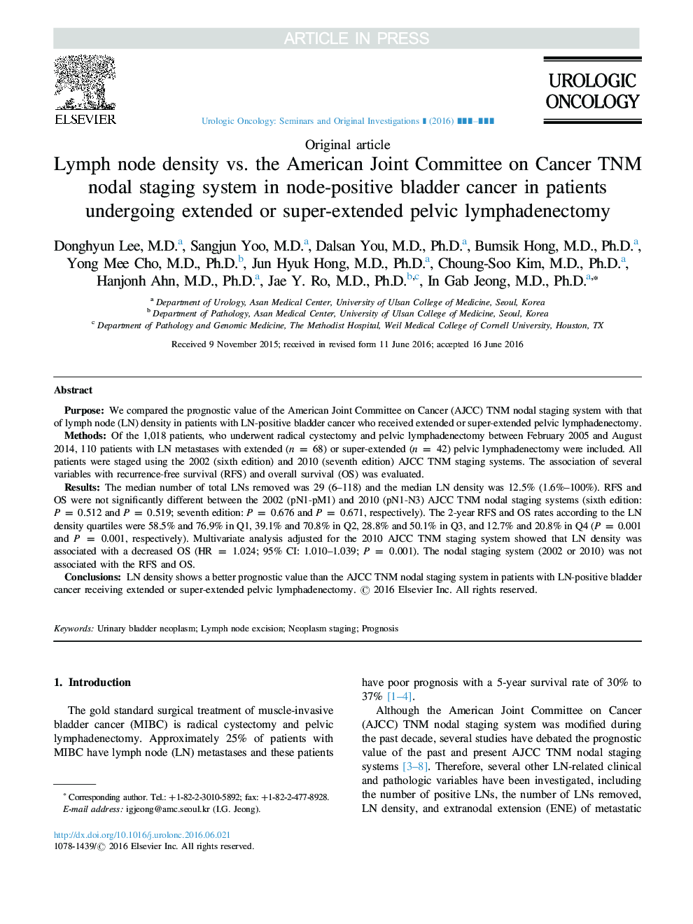 Lymph node density vs. the American Joint Committee on Cancer TNM nodal staging system in node-positive bladder cancer in patients undergoing extended or super-extended pelvic lymphadenectomy