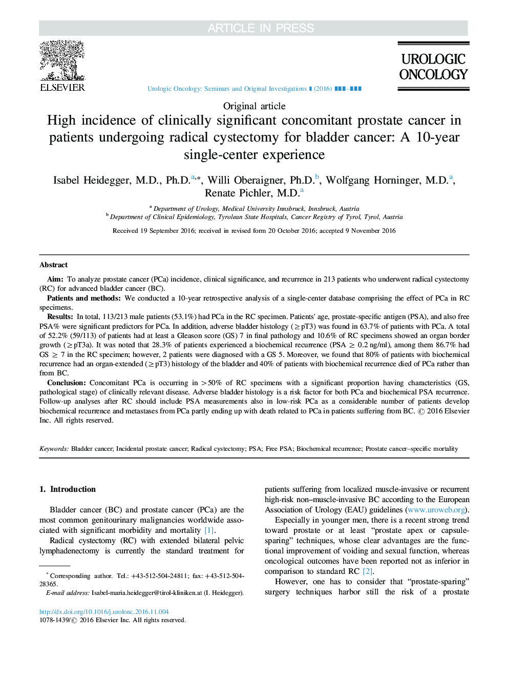 High incidence of clinically significant concomitant prostate cancer in patients undergoing radical cystectomy for bladder cancer: A 10-year single-center experience