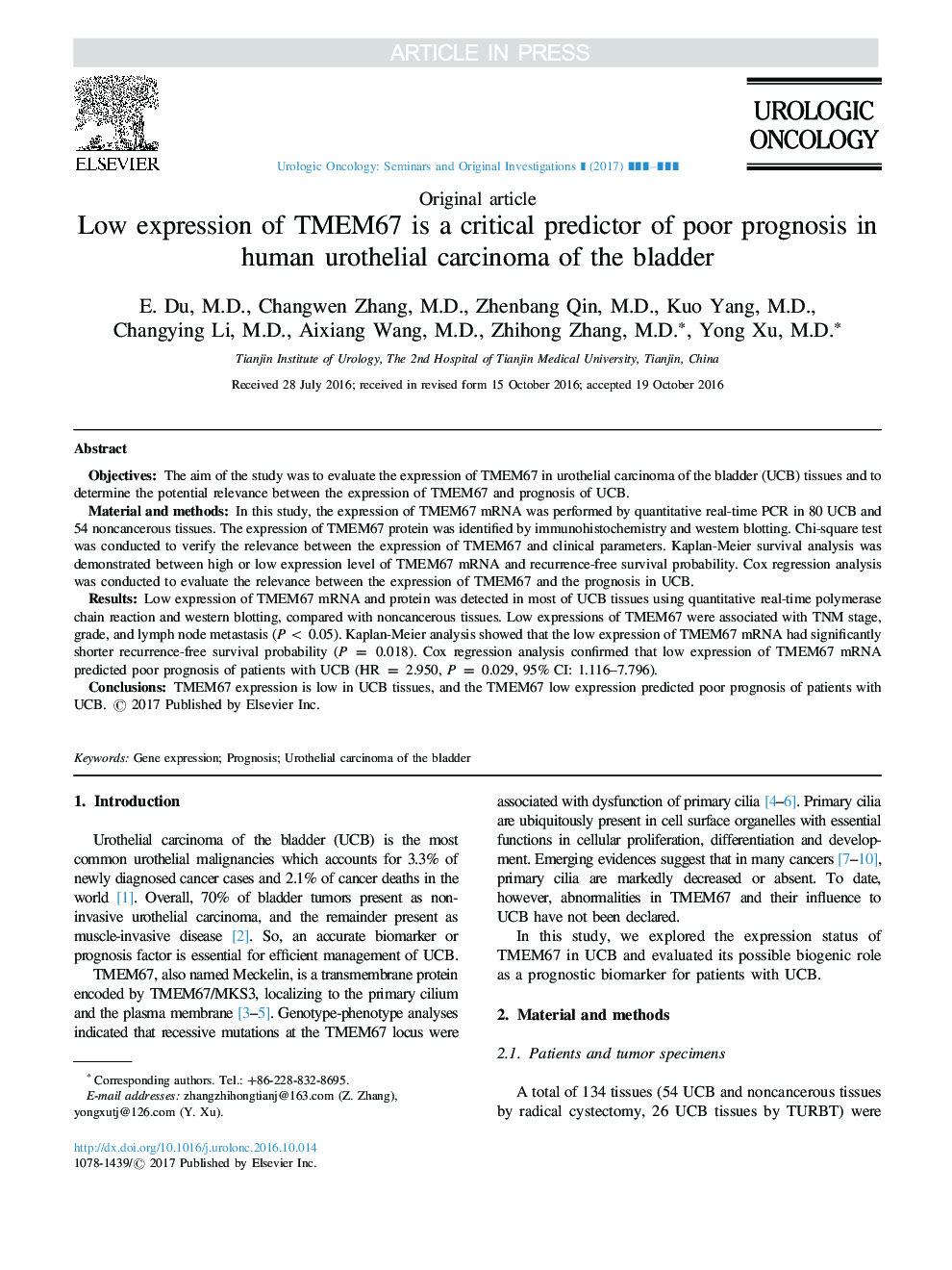 Low expression of TMEM67 is a critical predictor of poor prognosis in human urothelial carcinoma of the bladder