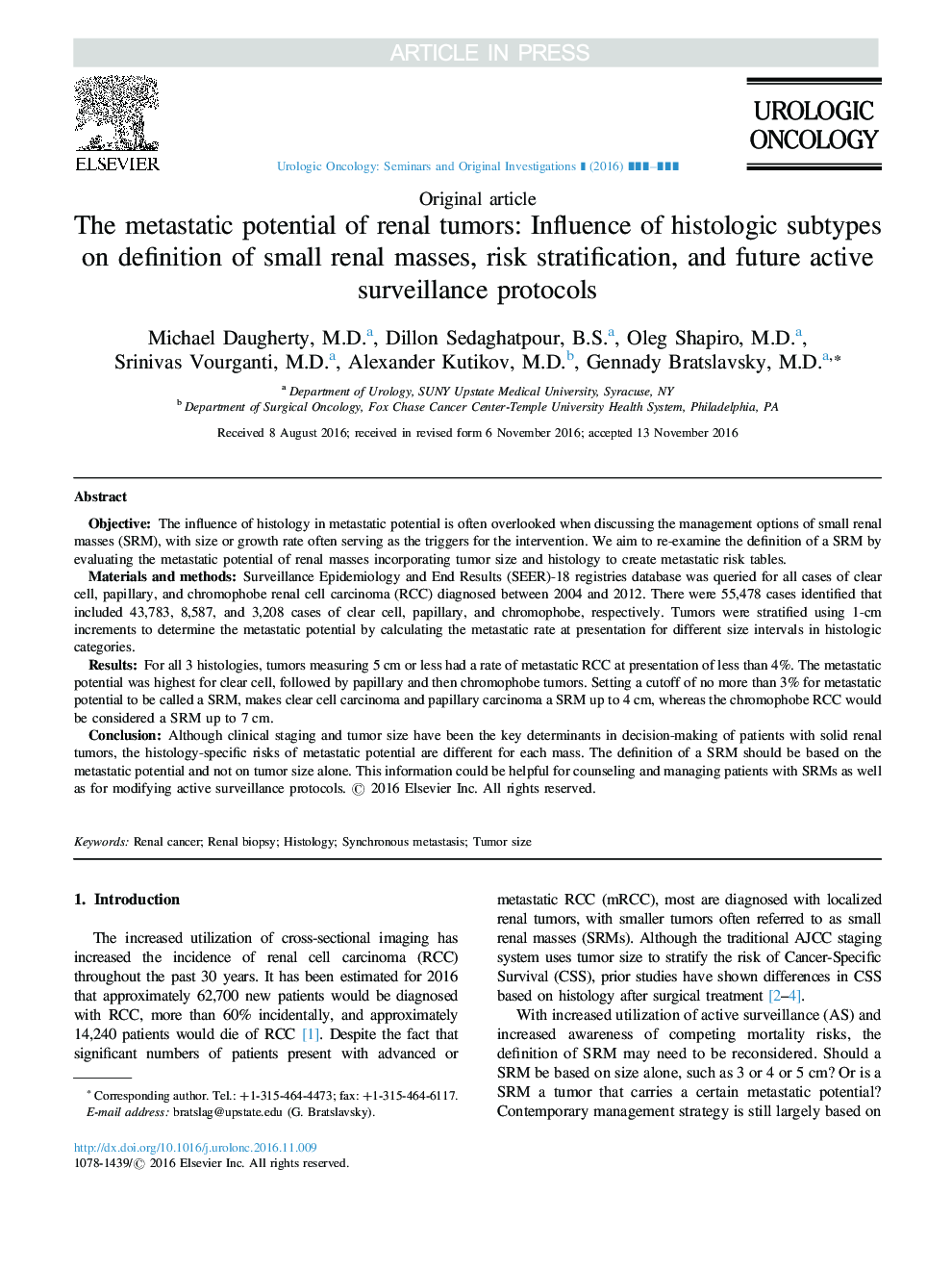 The metastatic potential of renal tumors: Influence of histologic subtypes on definition of small renal masses, risk stratification, and future active surveillance protocols