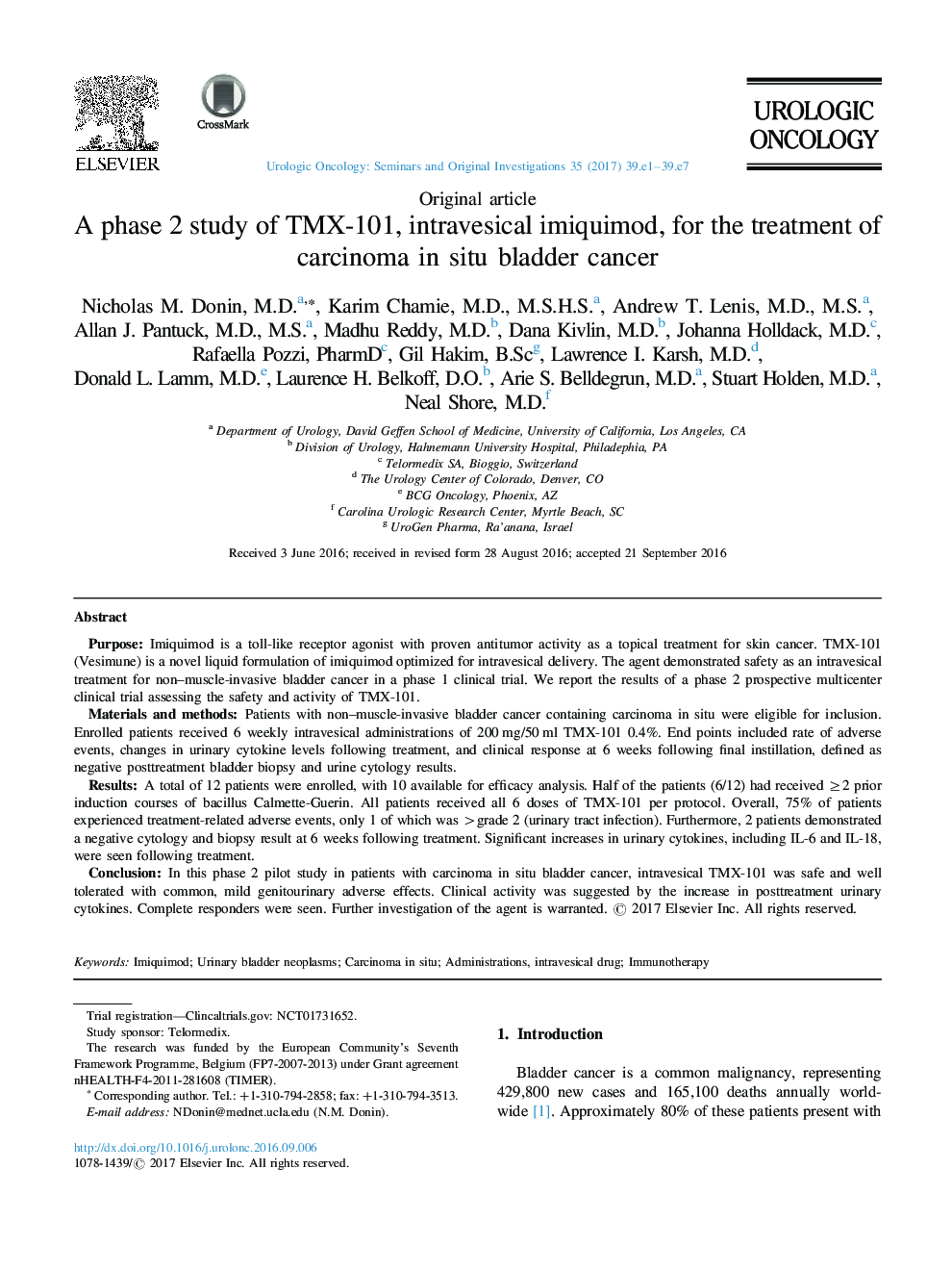 A phase 2 study of TMX-101, intravesical imiquimod, for the treatment of carcinoma in situ bladder cancer