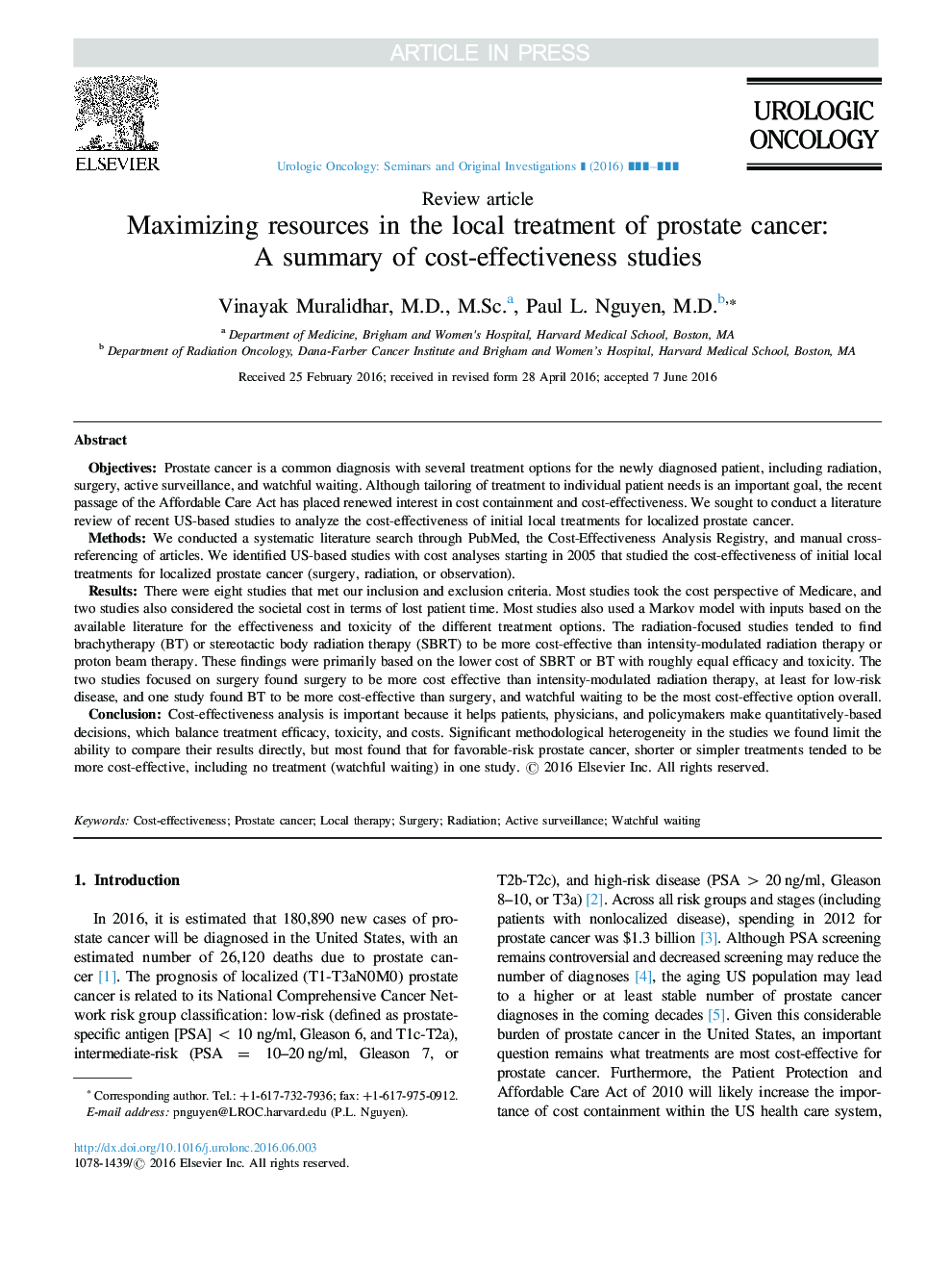 حداکثر رساندن منابع در درمان موضعی سرطان پروستات: خلاصه ای از مطالعات هزینه - اثربخشی 