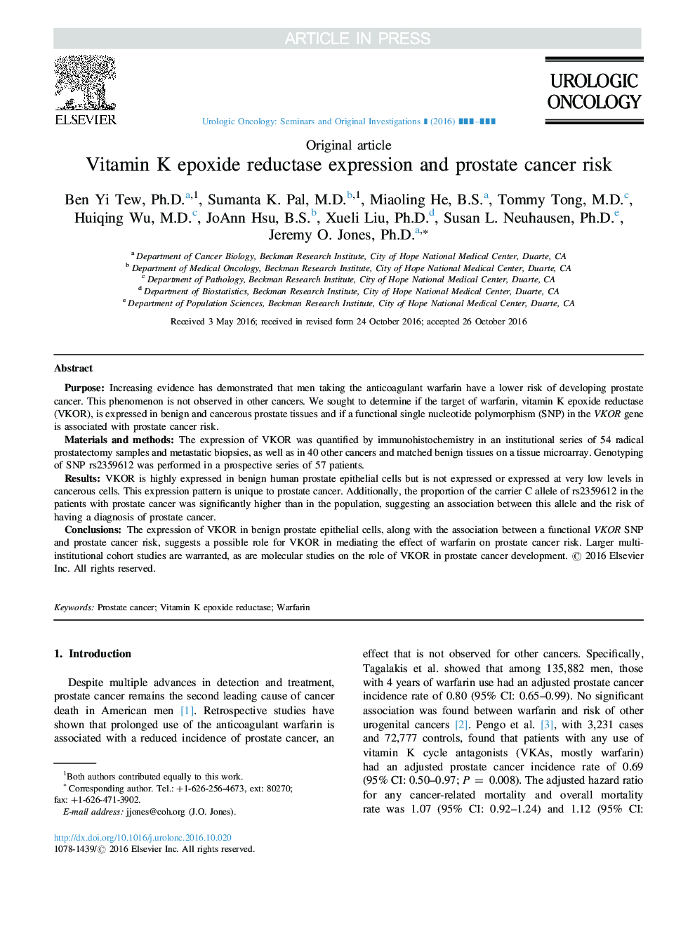 Vitamin K epoxide reductase expression and prostate cancer risk