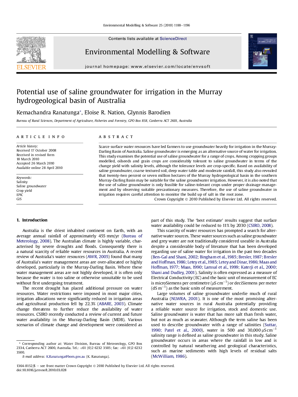 Potential use of saline groundwater for irrigation in the Murray hydrogeological basin of Australia