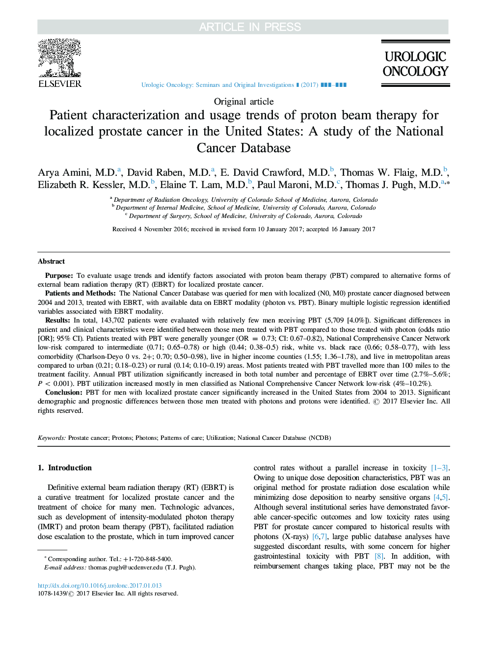 Patient characterization and usage trends of proton beam therapy for localized prostate cancer in the United States: A study of the National Cancer Database