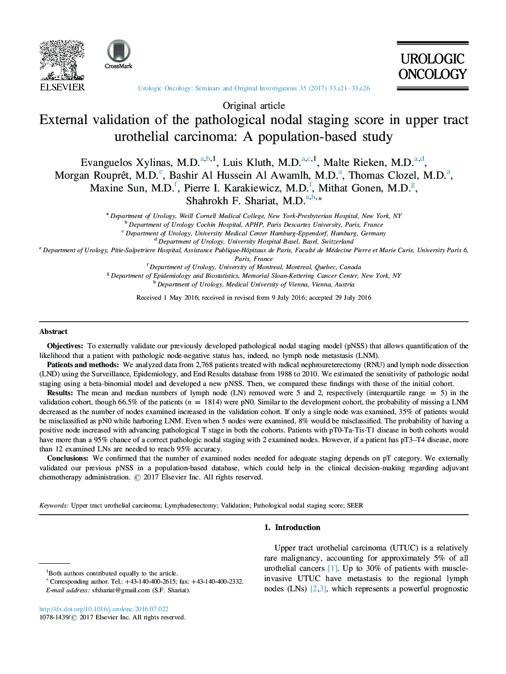 External validation of the pathological nodal staging score in upper tract urothelial carcinoma: A population-based study