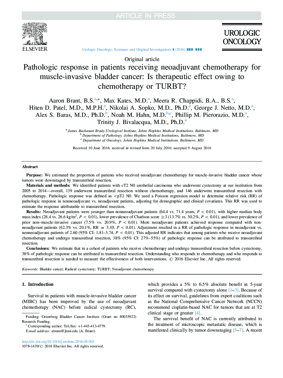 Pathologic response in patients receiving neoadjuvant chemotherapy for muscle-invasive bladder cancer: Is therapeutic effect owing to chemotherapy or TURBT?