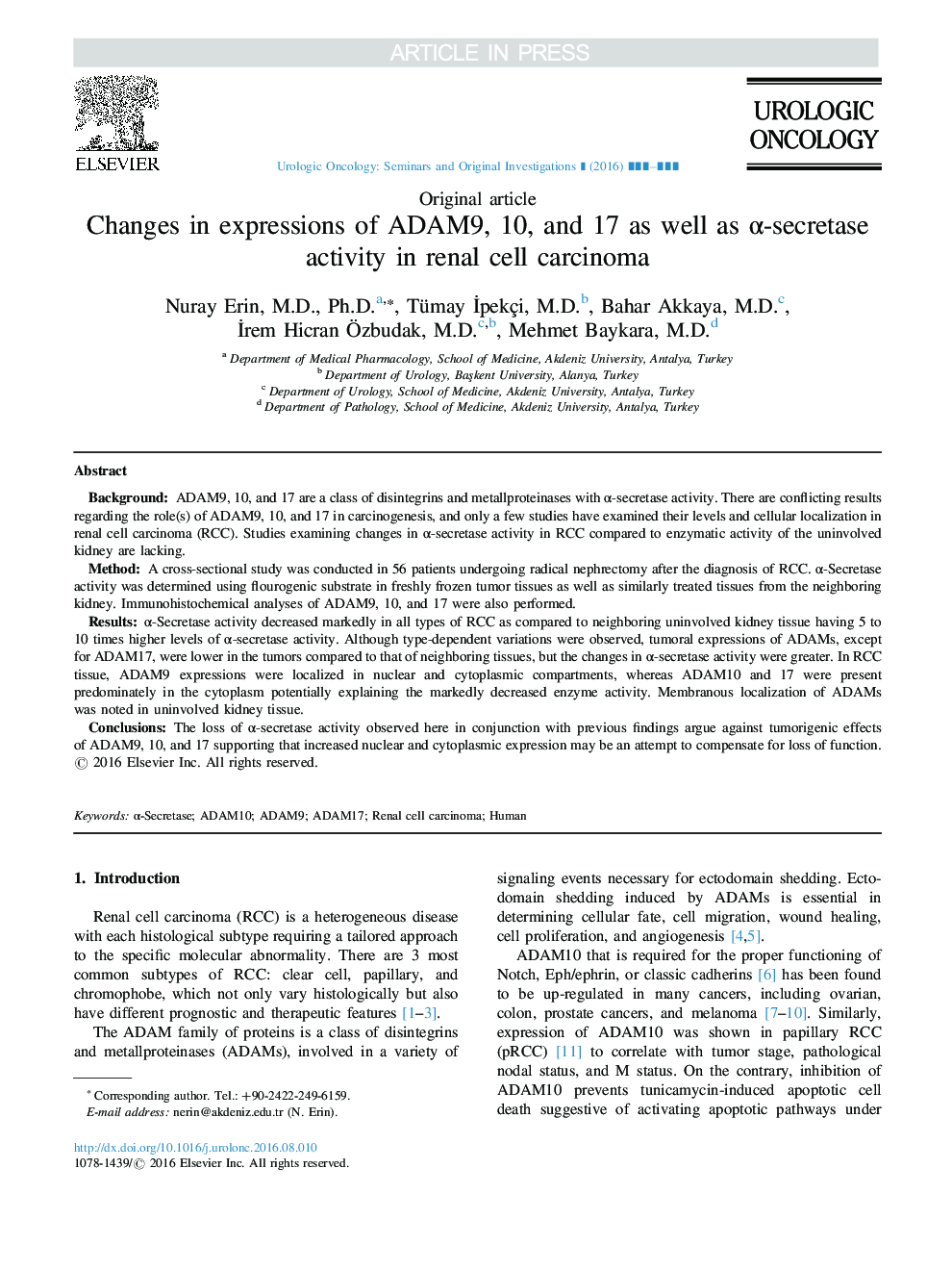 Changes in expressions of ADAM9, 10, and 17 as well as Î±-secretase activity in renal cell carcinoma