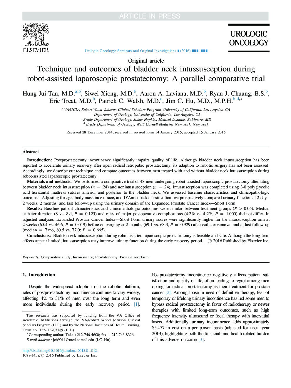 Technique and outcomes of bladder neck intussusception during robot-assisted laparoscopic prostatectomy: A parallel comparative trial
