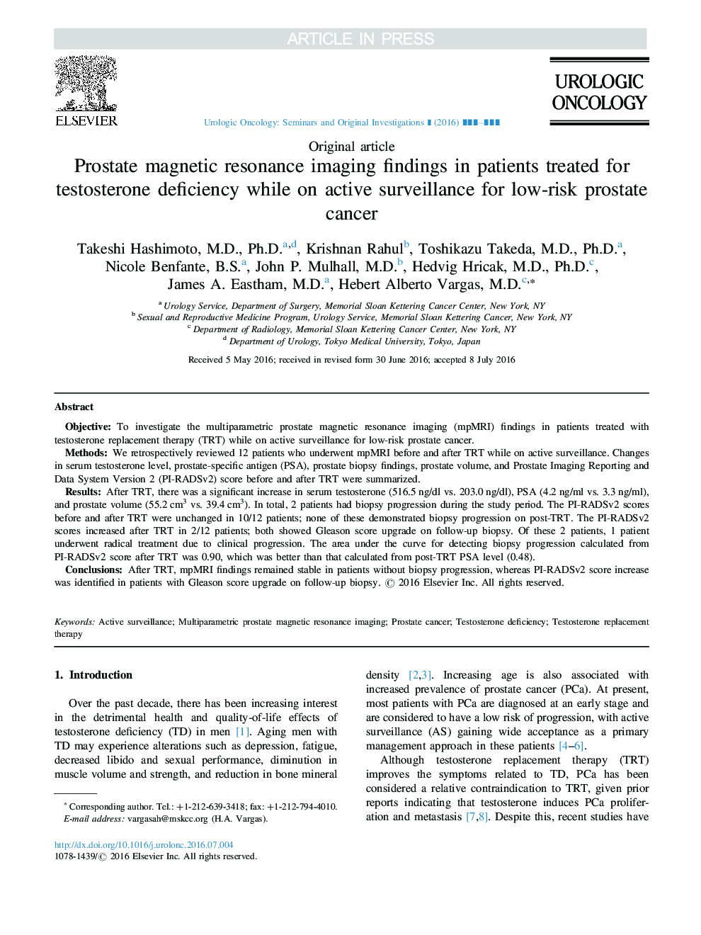 Prostate magnetic resonance imaging findings in patients treated for testosterone deficiency while on active surveillance for low-risk prostate cancer